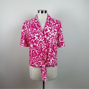 Tamara H Pink White Geometric Paisley Collared Button Down Blouse Top Medium
